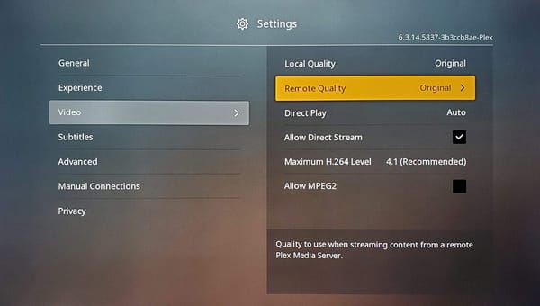 Example screenshot of Plex settings